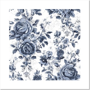 Blue and White Roses Toile Posters and Art